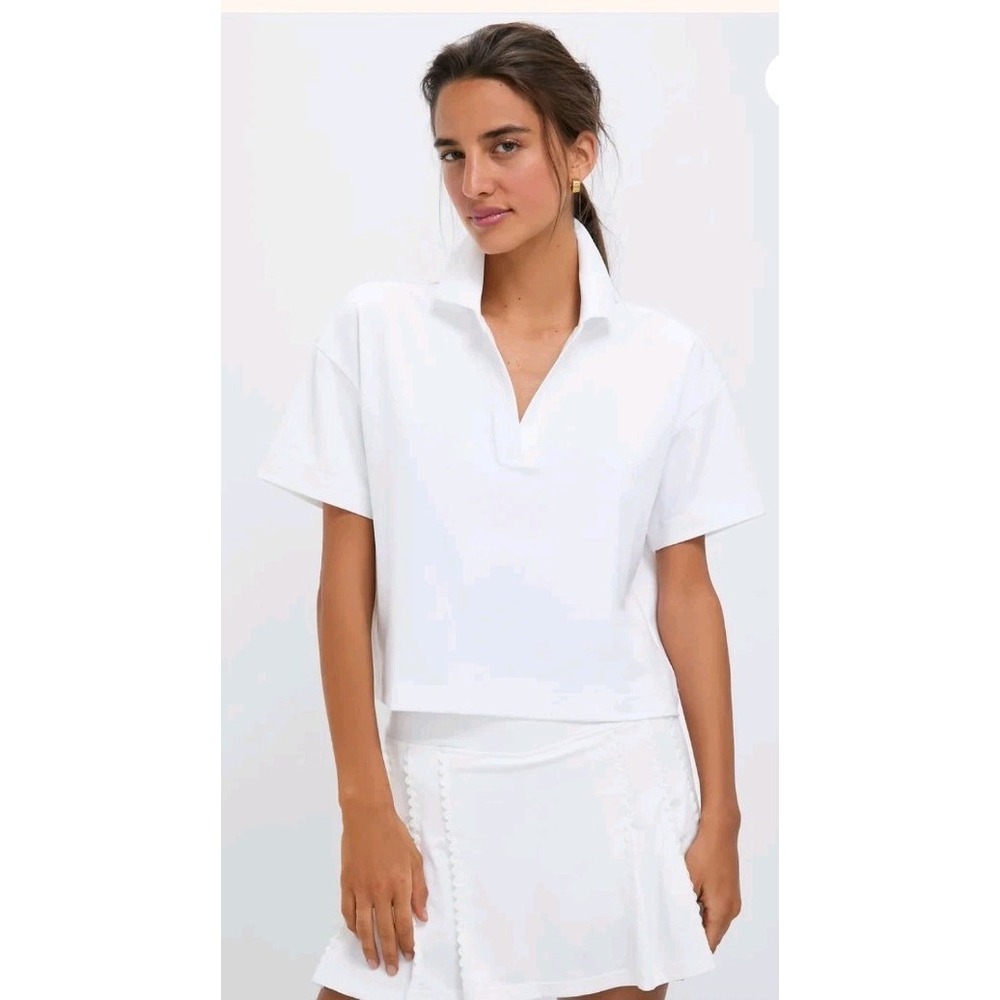 Tuckernuck Women's White Performance Jersey Cropped Caroline Polo Size S $98
